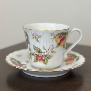 Andrea by Sadek Teacup‎ Saucer Fruit Pattern Gold Trim Made in Japan Porcelain